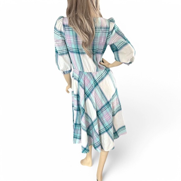 80s Teal & Lilac Plaid Wool Dress | Puff Sleeve Cottagecore Pastel Aesthetic | S - Picture 7 of 8